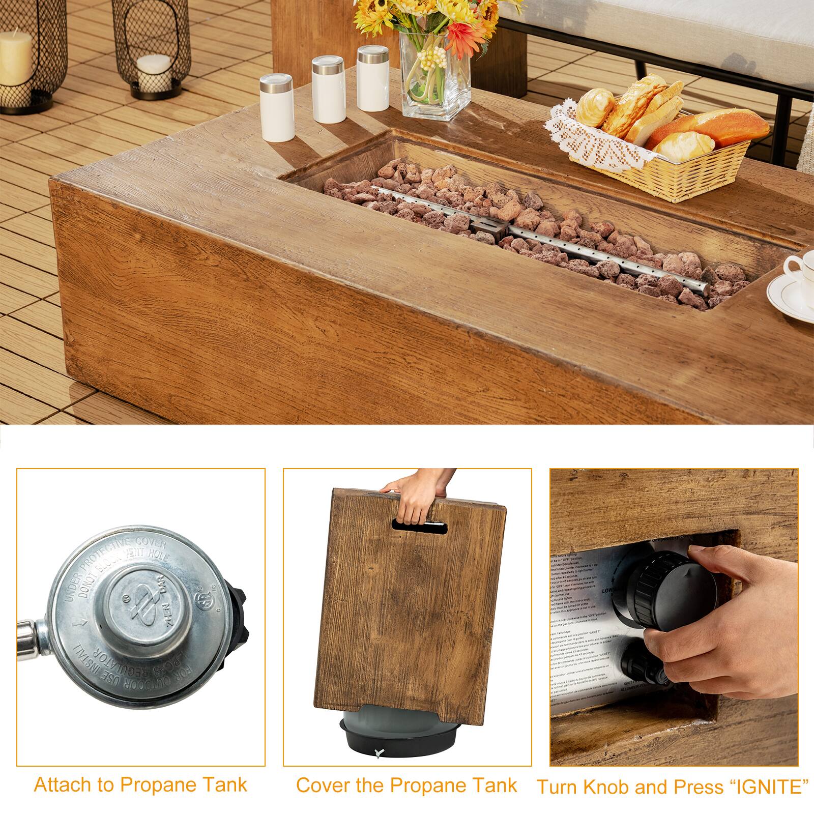 - Attach to Propane Tank
- Cover the Propane Tank
- Turn Knob and Press "IGNITE"