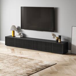 POVISON - 118" Modern Minimalist Wood TV Stand, Slatted Entertainment Center, TV Console, Perfect for 85-inch TVs - Black