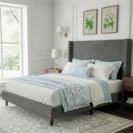 Front. Dyonery - Dyonery corduroy bed frame, 56-inch corduroy soft-padded bed frame, no box spring required,Queen,Grey - Grey.
