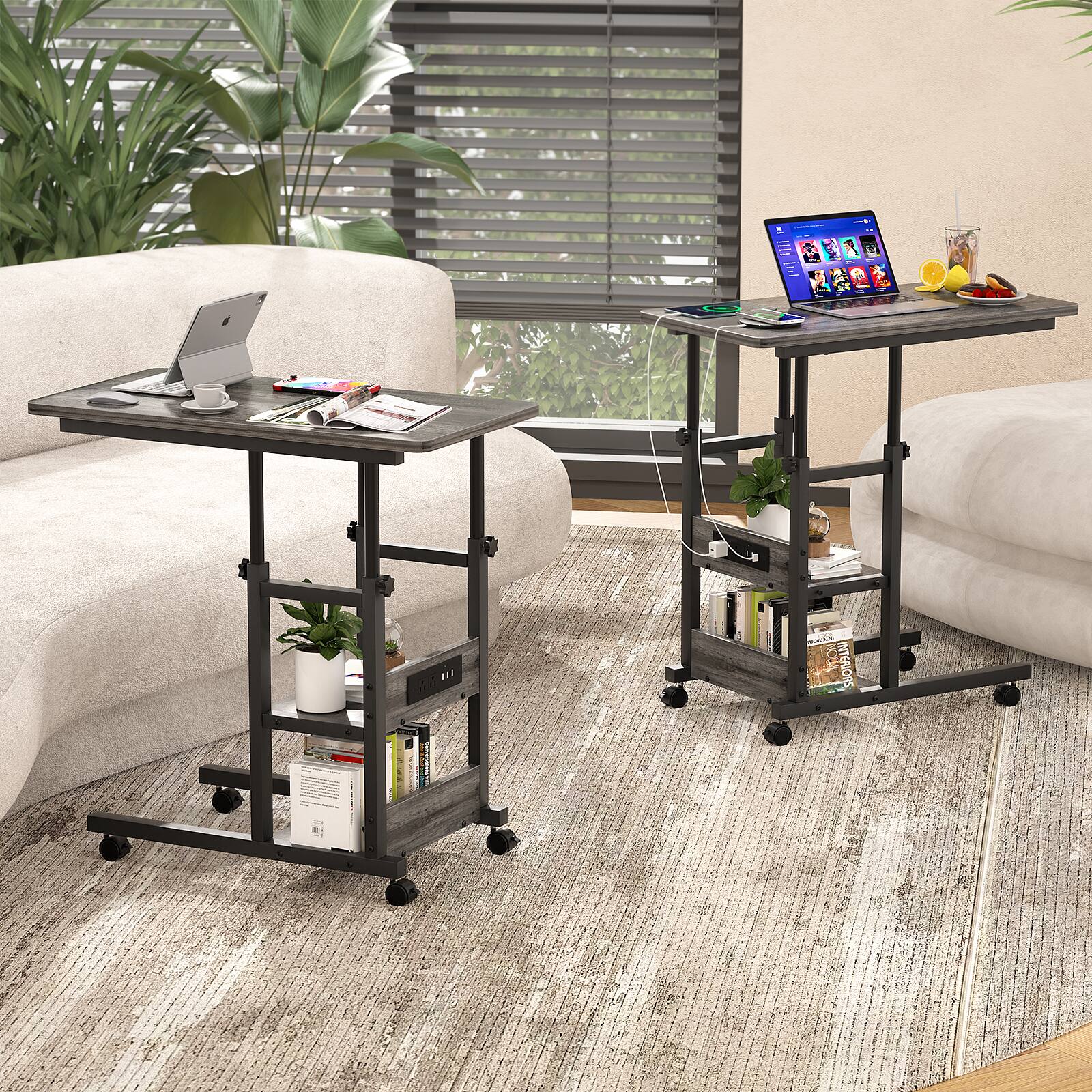 Alt View 3. Aheaplus - C-Shaped Height Adjustable End Table with Power Outlet, Side Table with Storage Shelves - Gray Oak.