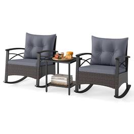 Gymax - Set of 3 Rattan Rocking Chair Set w/Acacia Wood Tabletop Armrests for Porch Balcony - Gray