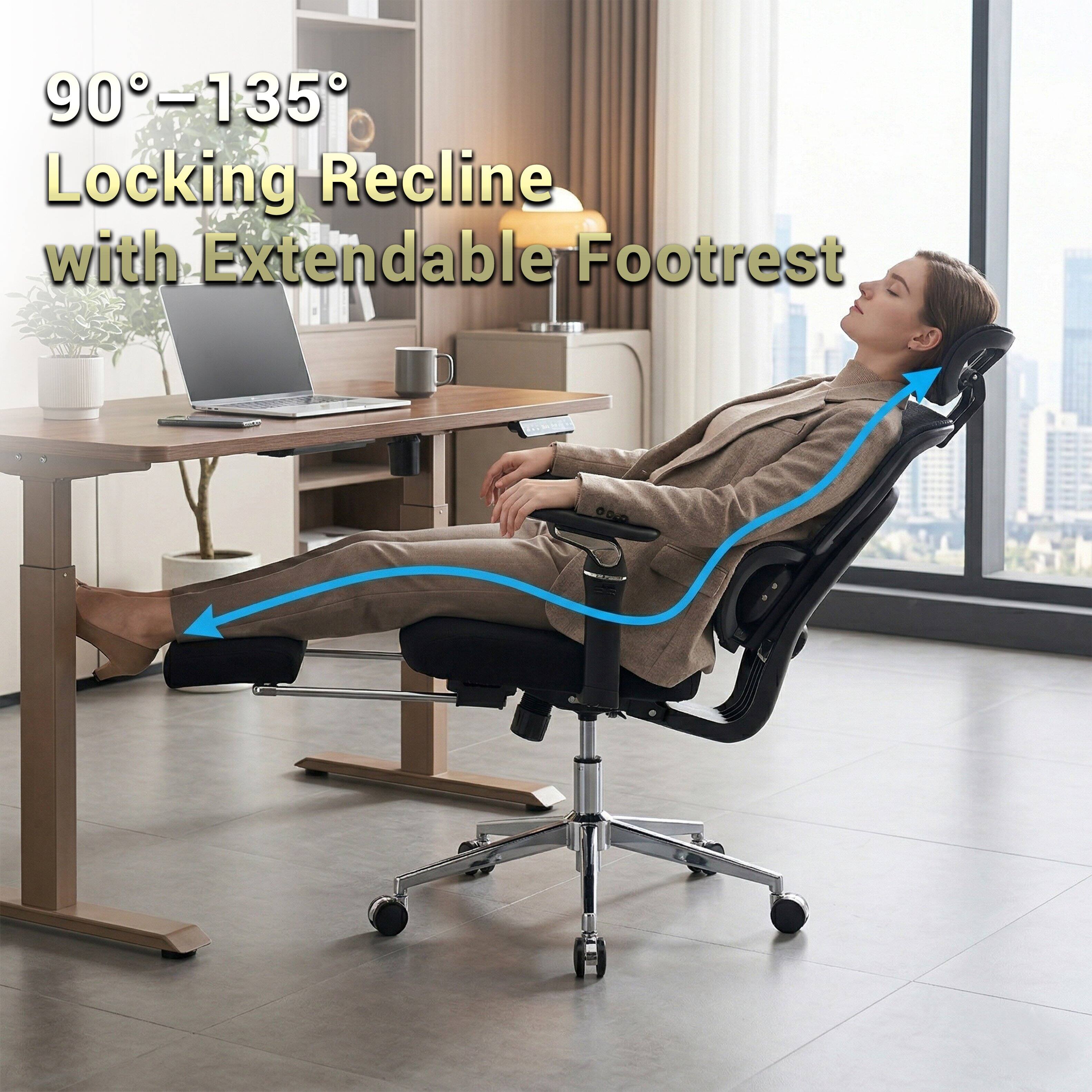 90°–135° Locking Recline with Extendable Footrest