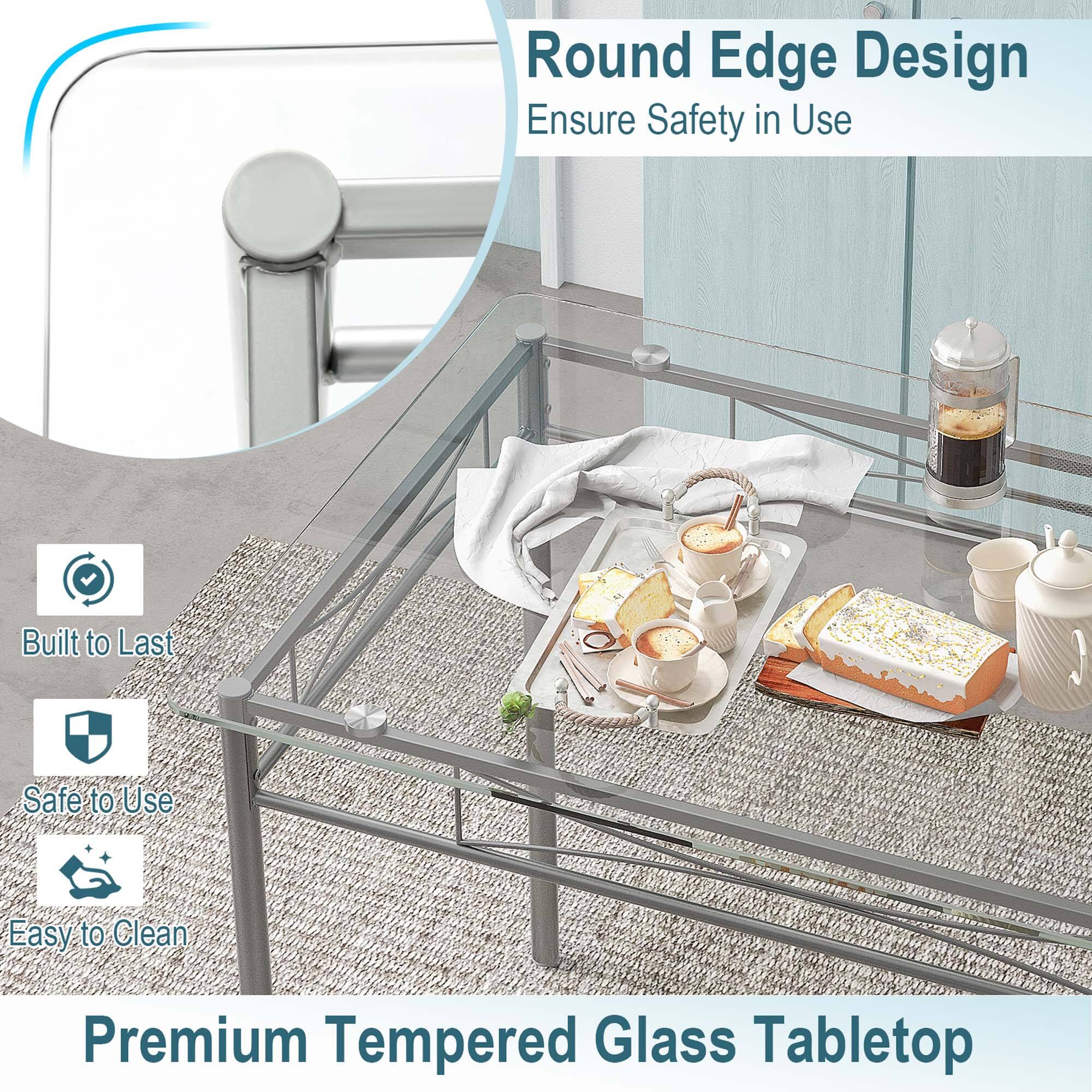 The text on the image is grouped as follows:

1. Round Edge Design: This refers to the design of the glass tabletop, which features rounded edges for a modern and elegant look.
2. Ensure Safety in Use: The glass tabletop is made of premium tempered glass, which is designed to be safe and durable for use in various settings.
3. Built to Last: The tabletop is made to last and withstand daily wear and tear, ensuring that it remains in good condition for an extended period.
4. Safe to Use: The premium tempered glass used in the tabletop is designed to be safe for use, providing a secure and stable surface for various activities.
5. Easy to Clean: The glass tabletop is easy to clean, making it a convenient and practical choice for various settings.