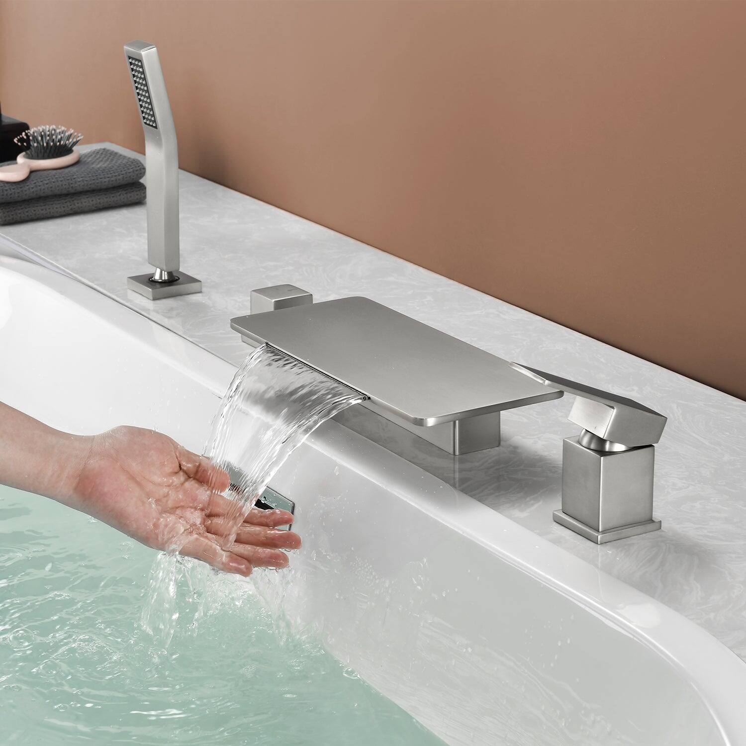 Alt View 3. Boyel Living - 11.2 in.W Brushed Nickel Rectangle Bathtub Faucet Hot Cold Control Waterfall Spout Handheld Shower High Capacity - Brushed Nickel.