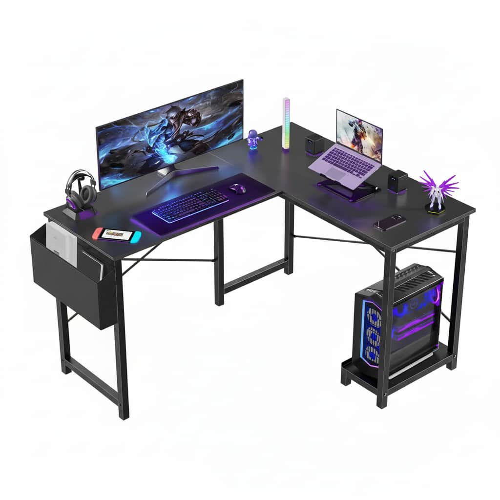 AOITUN - L Shaped Gaming Desk, 50" Corner Computer Desk with CPU Stand & Storage Bag, Home Office Writing Workstation - Black
