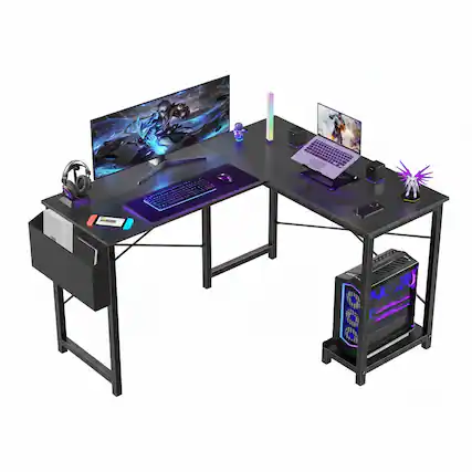 Front. AOITUN - L Shaped Gaming Desk, 50" Corner Computer Desk with CPU Stand & Storage Bag, Home Office Writing Workstation, Black - Black.