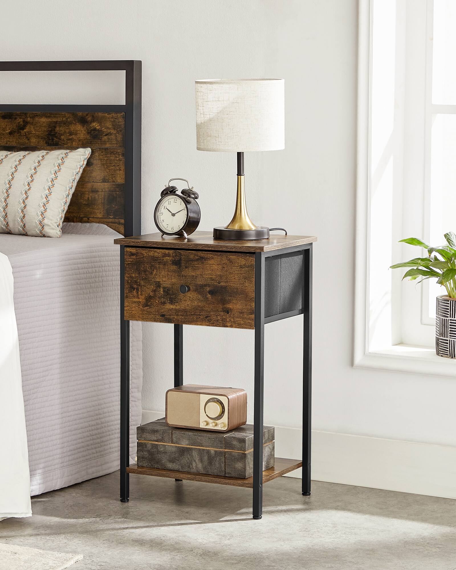 Left. Songmics Home - Nightstands, Set of 2 Side Tables with Fabric Drawer, 24-Inch Tall End Tables with Storage Shelf, Bedroom - Rustic Brown and Black.