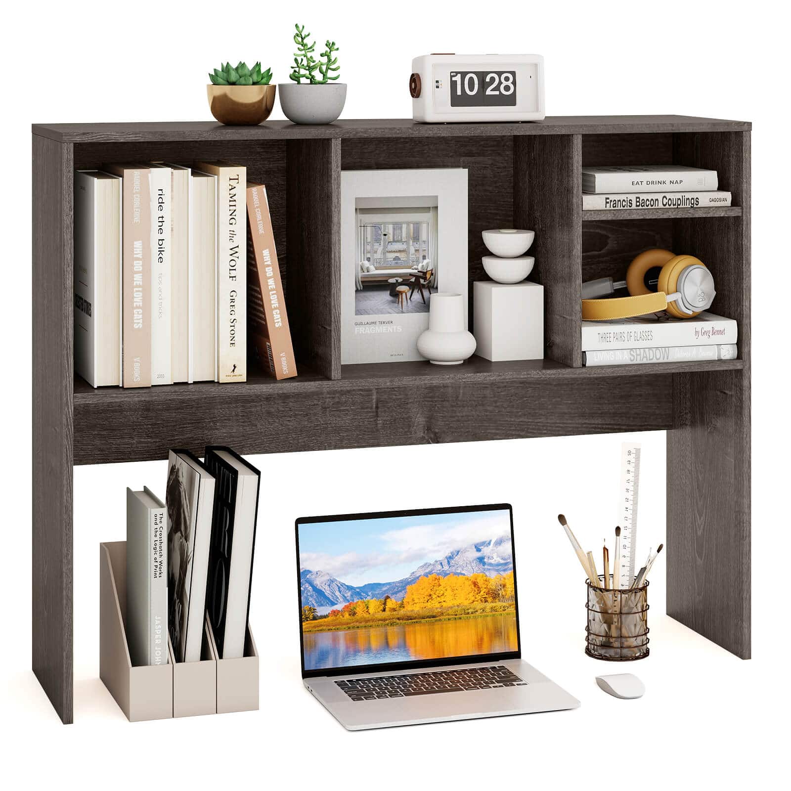 Costway - Computer Desktop Bookcase Countertop Storage Bookshelf Organizer with 4 Cubbies - Oak