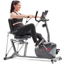 Sunny Health & Fitness - Performance Smart Recumbent Exercise Bike with Resistance Bands - Gray