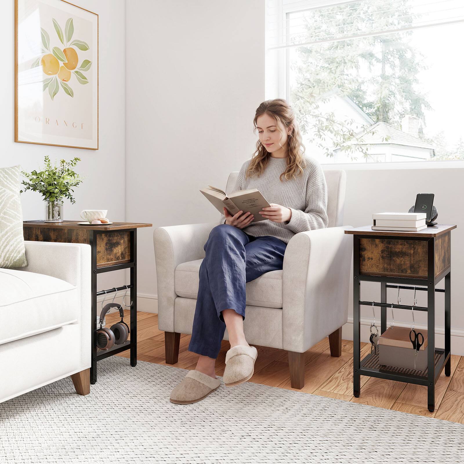 Alt View 1. Costway - Costway 2PCS End Table with Charging Station, USB Ports, Outlets, Storage Shelf for Bedroom - Rustic Brown & Black.