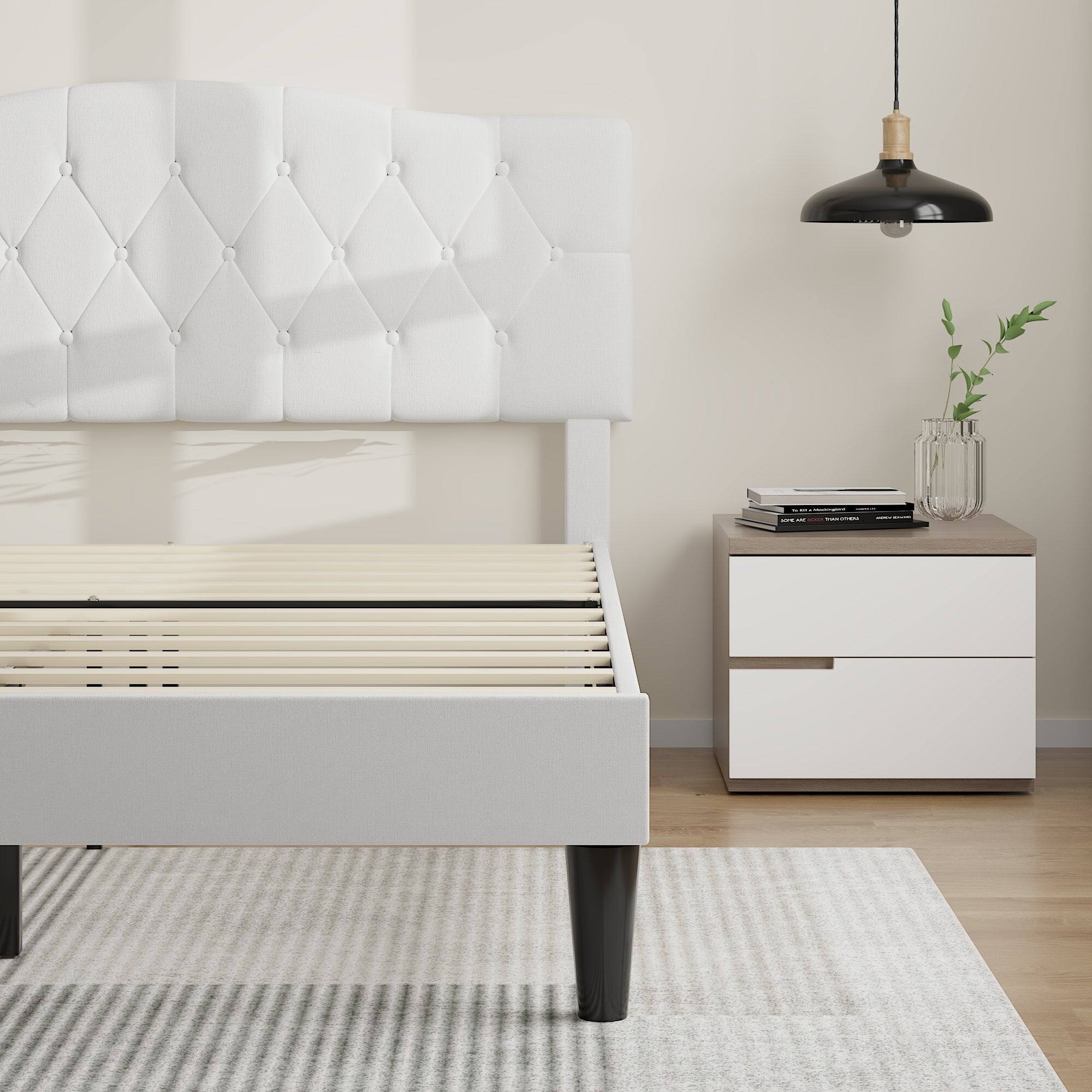 Alt View 3. Vecelo - Queen Upholstered Platform Bed Frame with Adjustable Tufted Headboard, Heavy-Duty Metal & Wood Slats, Noise-Free Design - White.