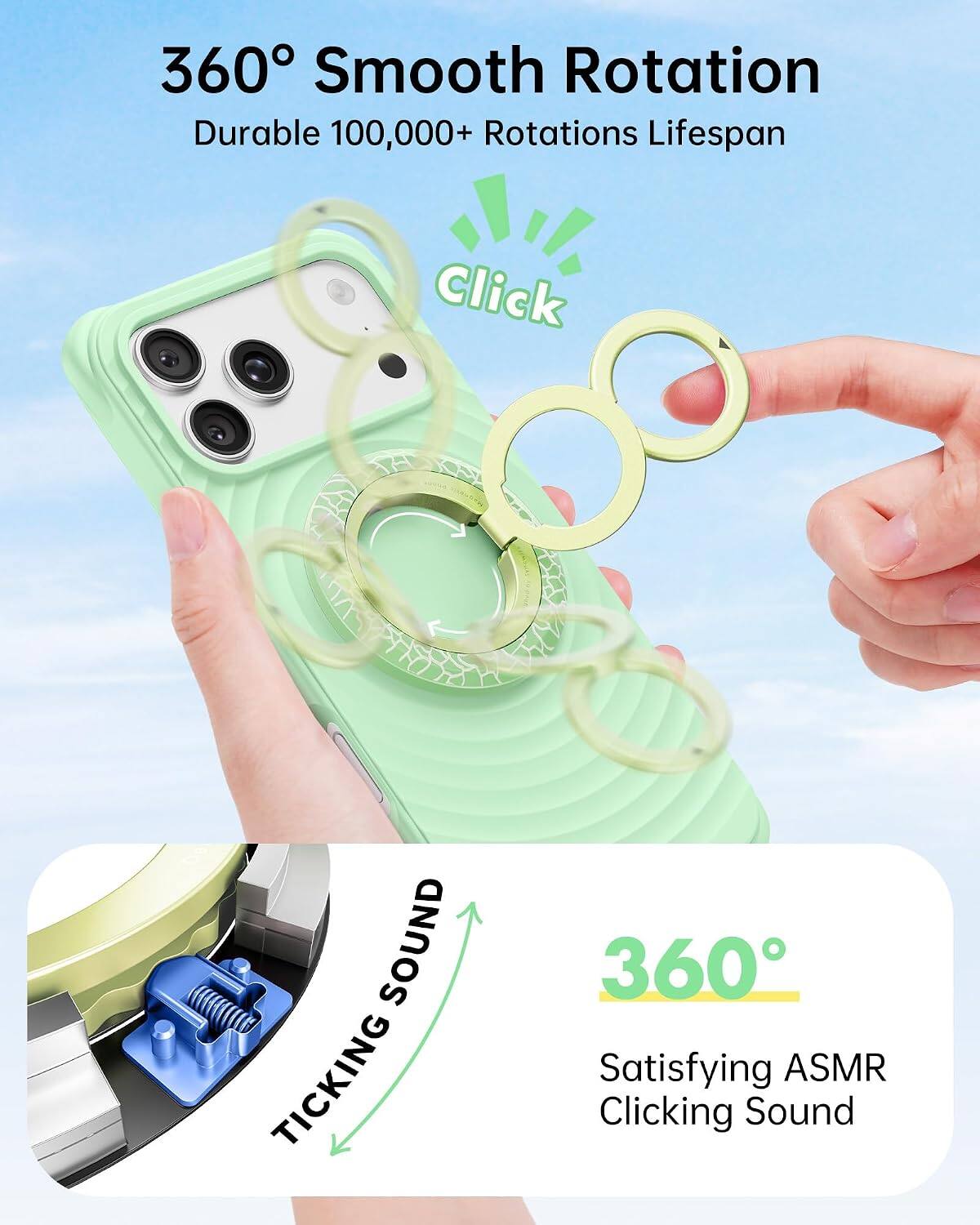 360° Smooth Rotation  
Durable 100,000+ Rotations Lifespan  

Click  
SOUND TICKING  

360° Satisfying ASMR Clicking Sound