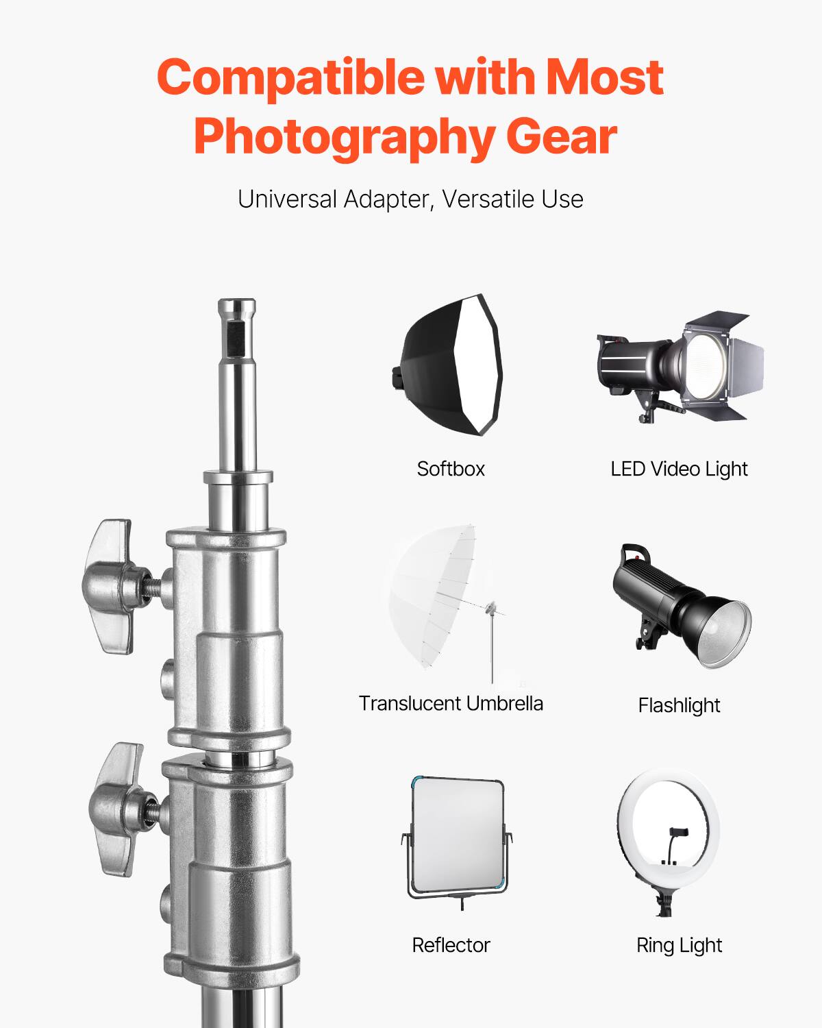 Compatible with Most Photography Gear

Universal Adapter, Versatile Use

- Softbox
- LED Video Light
- Translucent Umbrella
- Flashlight
- Reflector
- Ring Light