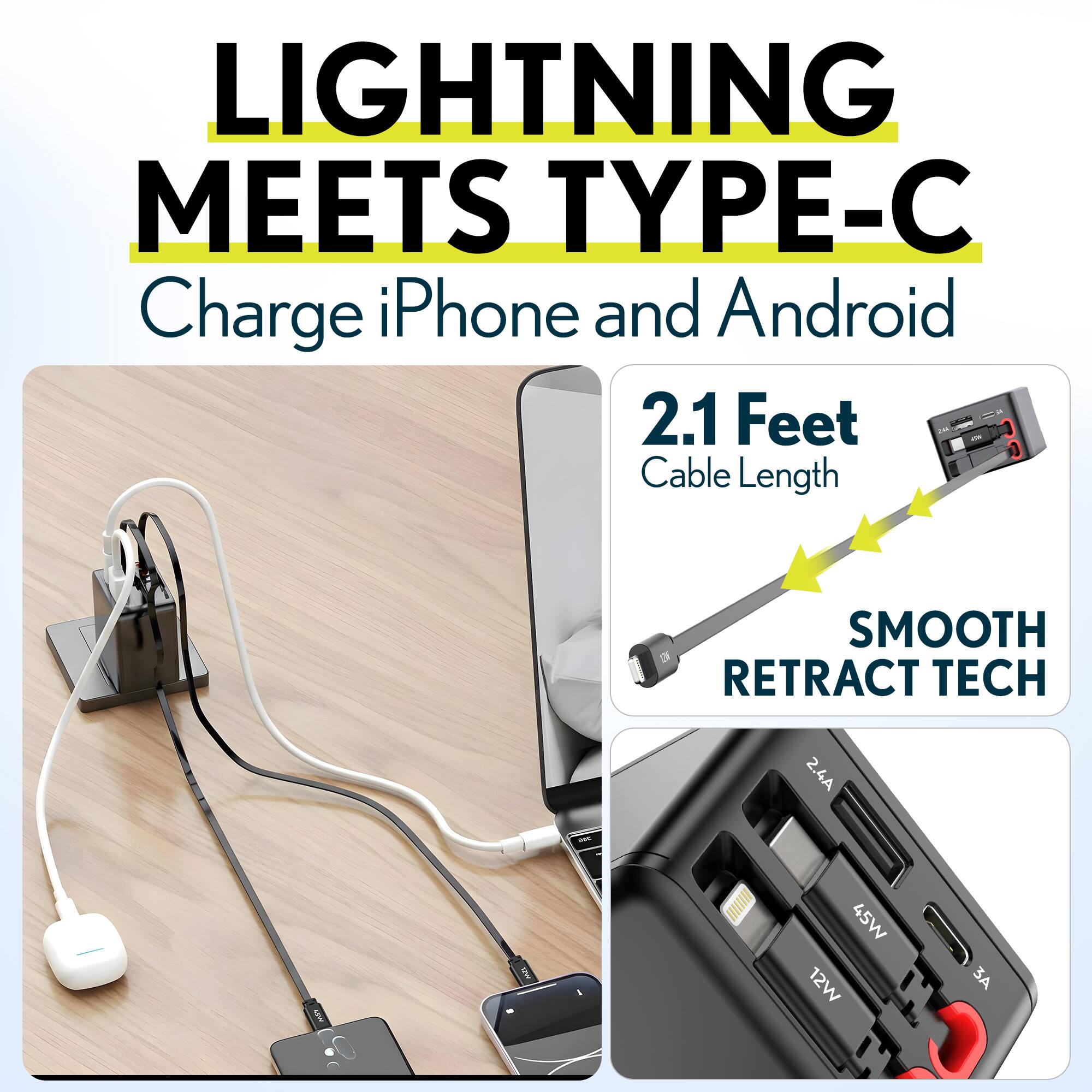 LIGHTNING MEETS TYPE-C  
Charge iPhone and Android  
2.1 Feet Cable Length  
SMOOTH RETRACT TECH  
2.4A  
45W 12W