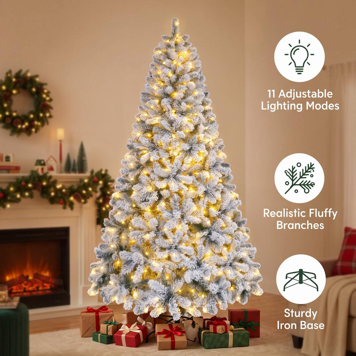 11 Adjustable Lighting Modes  
Realistic Fluffy Branches  
Sturdy Iron Base