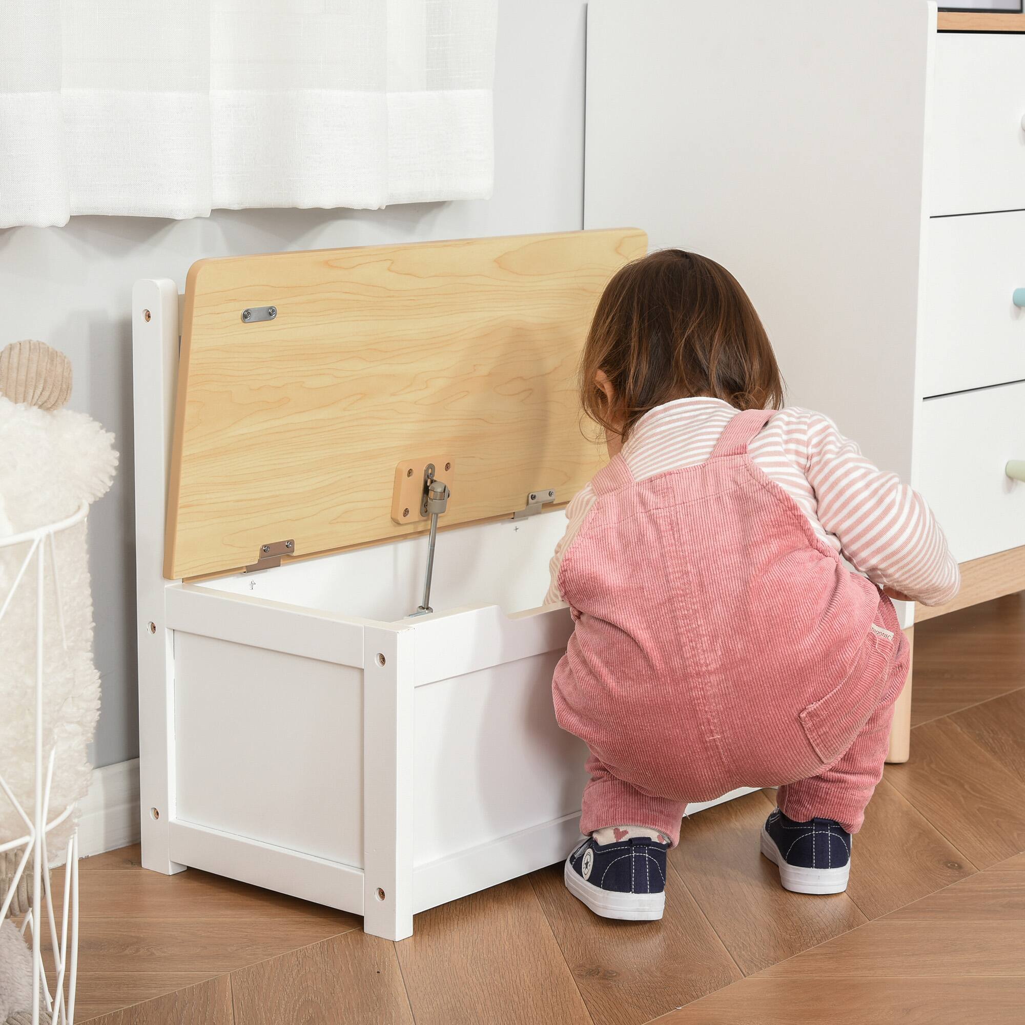 Alt View 1. Qaba - Kids Wooden Toy Organizer Chest Storage Box with Seat Bench Cabinet Chunk Cube with Safety Pneumatic Rod - White.