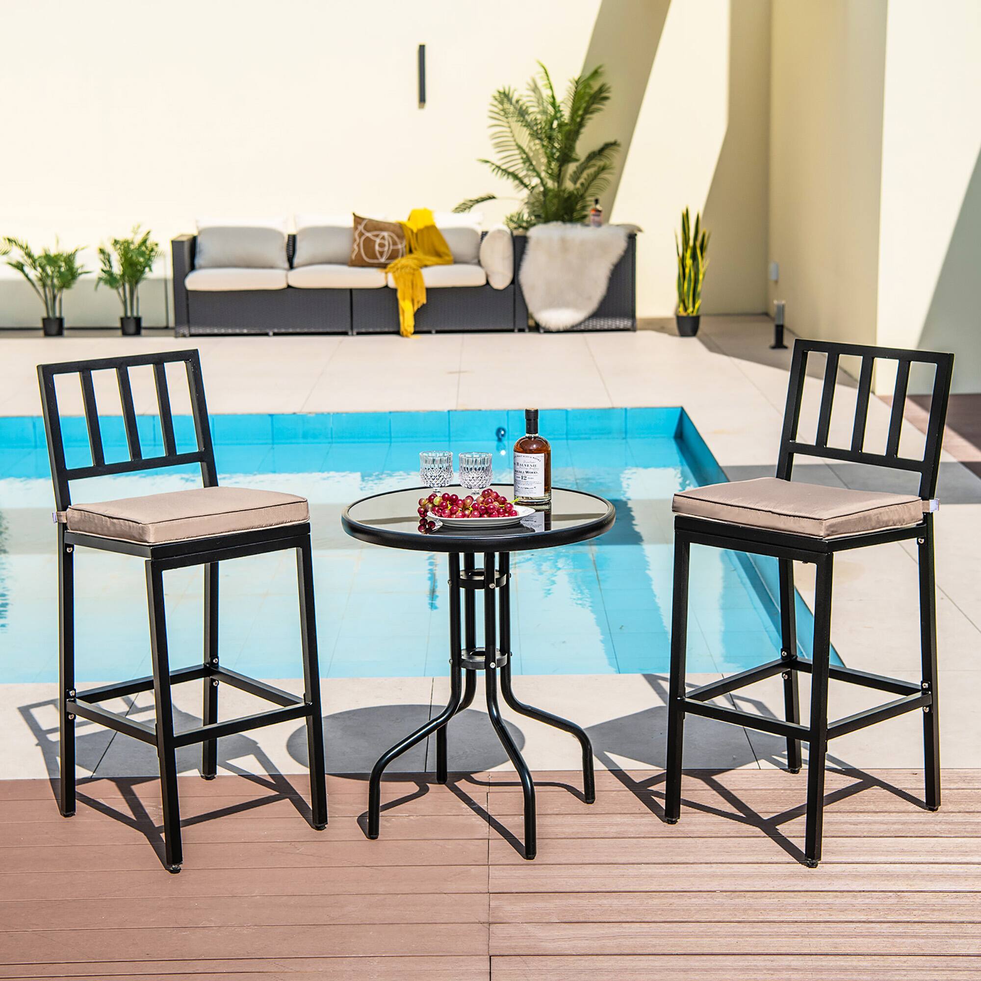 Angle. Costway - Set of 2 Patio Metal Bar Stools Outdoor Bar Height Dining Chairs with Cushion - Black + Beige.