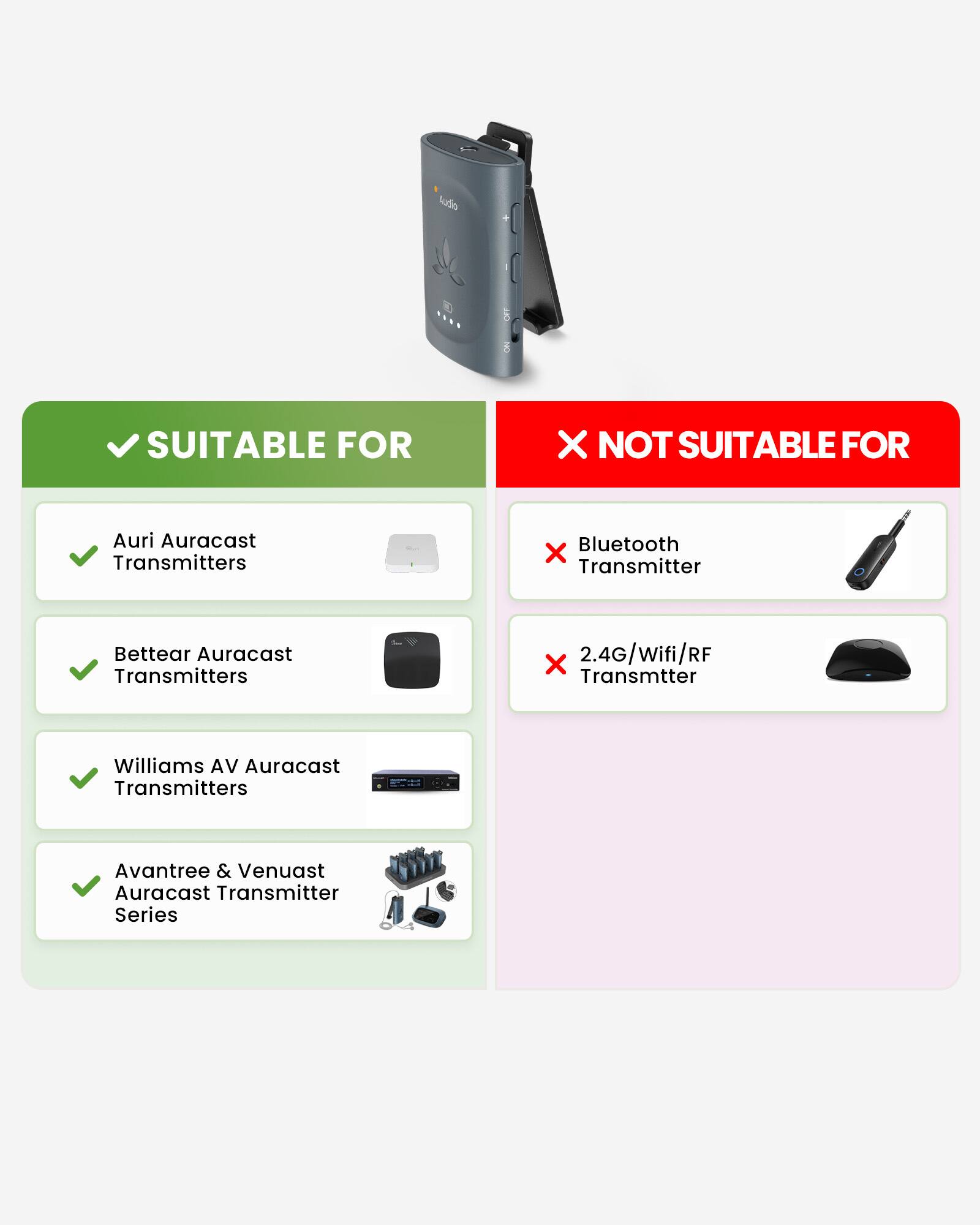 SUITABLE FOR
- Auri Auracast Transmitters
- Bettear Auracast Transmitters
- Williams AV Auracast Transmitters
- Avantree & Venuast Auracast Transmitter Series

NOT SUITABLE FOR
- Bluetooth Transmitter
- 2.4G/Wifi/RF Transmitter