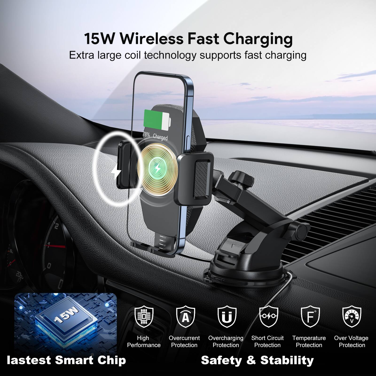 15W Wireless Fast Charging, Extra large coil technology supports fast charging, 78%, Charged, 2 20e n 0, 15W, High Performance, Overcurrent Protection, Overcharging Protection, Short Circuit Protection, Temperature Protection, Over Voltage Protection, lastest Smart Chip, Safety & Stability