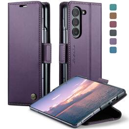 Dteck - Wallet Case for Samsung Galaxy Z Fold6 Premium Leather RFID Card Slots Kickstand Shockproof Magnetic Clasp Cover - Purple