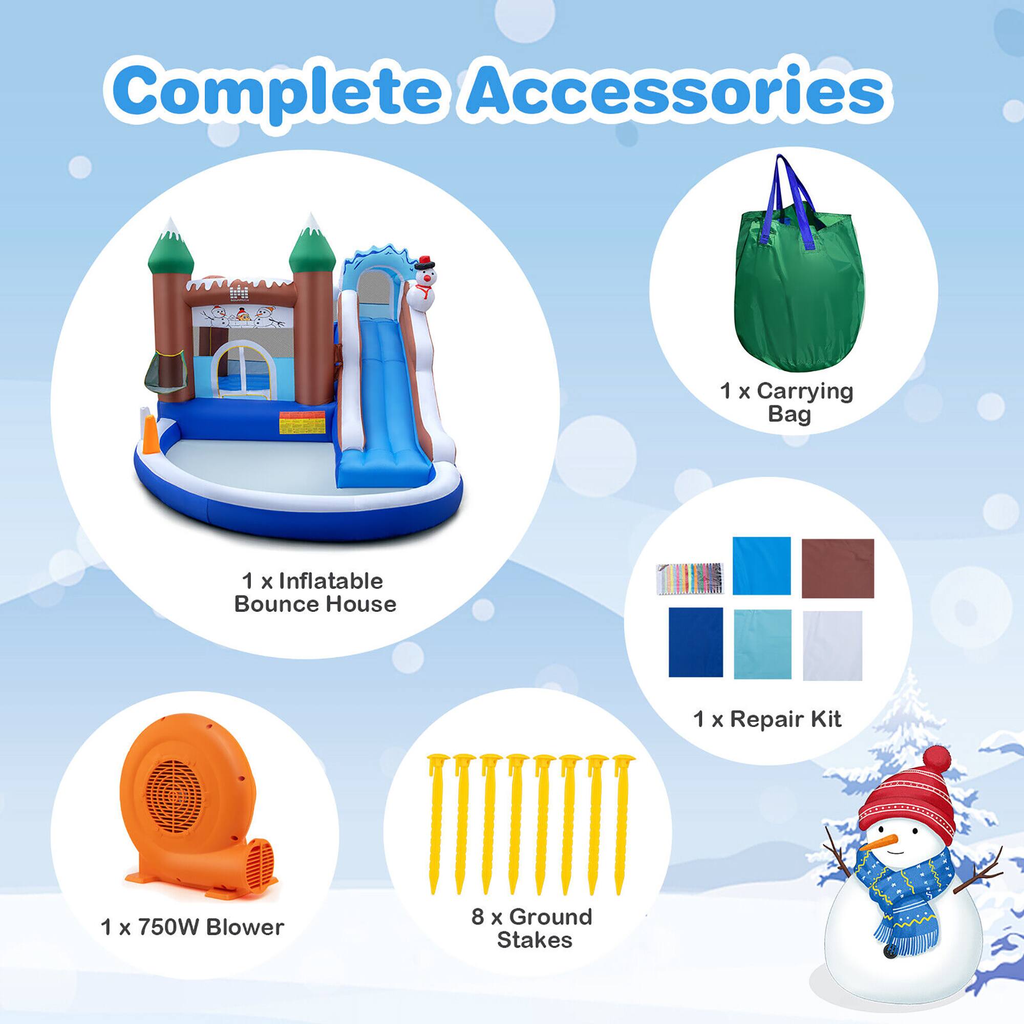 Complete Accessories

1 x Carrying Bag

1 x Inflatable Bounce House

1 x Repair Kit

1 x 750W Blower

8 x Ground Stakes