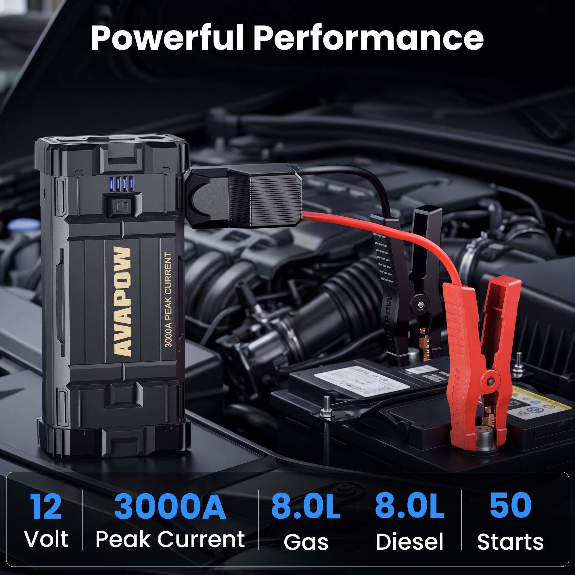 Powerful Performance

AVAPOW

12 Volt  
3000A Peak Current  
8.0L Gas  
8.0L Diesel  
50 Starts