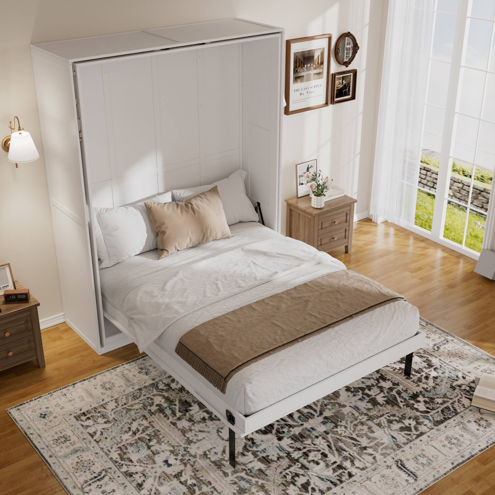 Angle. Anysun - Rotating Queen Murphy Bed - Hidden Storage Racks, Space-Saving Multifunctional Wall Bed for Home Office & Small Rooms - White.