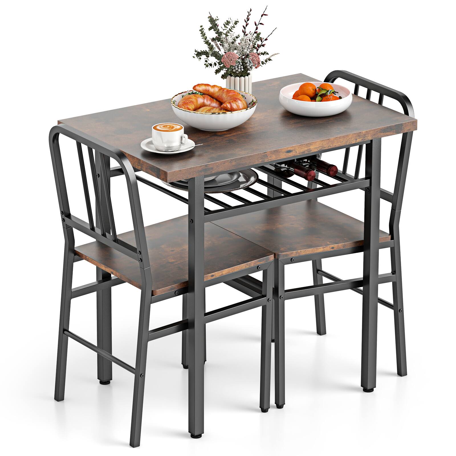 Alt View 9. Gymax - Gymax 3-Piece Rectangular Dining Table&Chairs Set Wooden Breakfast Nook w/Storage Rack Rustic Brown & Black - Brown.