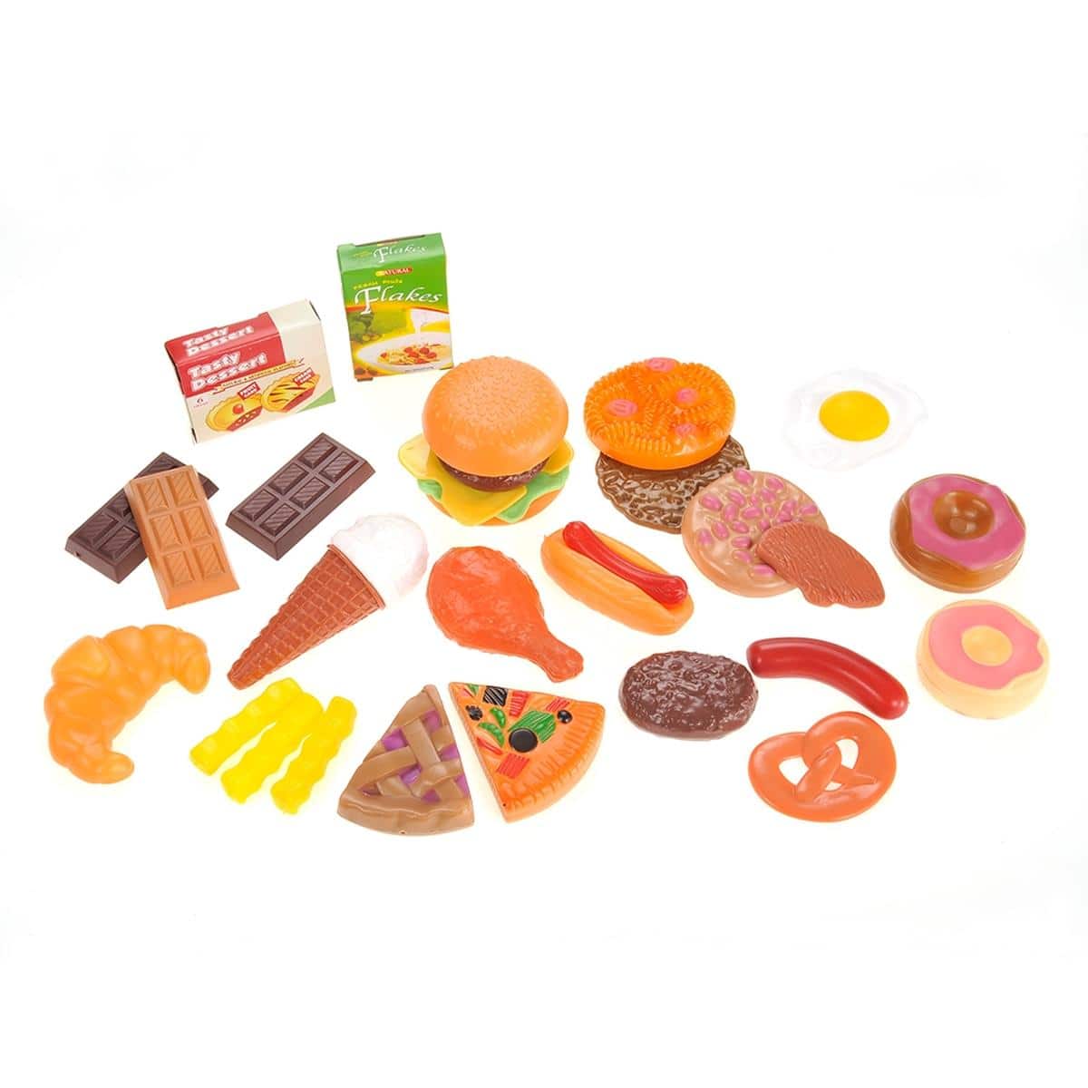 JuzToys - 30pcs Pretend Play Kitchen Food Toys – Fast Food & Dessert Play Food Set for Kids – - Brown