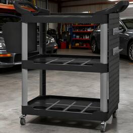 HOMLUX - 39.00 in. W 3-Tier Rolling Tool Cart Capacity Plastic Utility Cart with Side Shelf and Bucket - Black