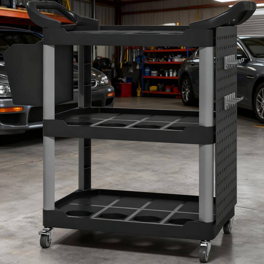 Front. HOMLUX - 39.00 in. W 3-Tier Rolling Tool Cart Capacity Plastic Utility Cart with Side Shelf and Bucket - Black.