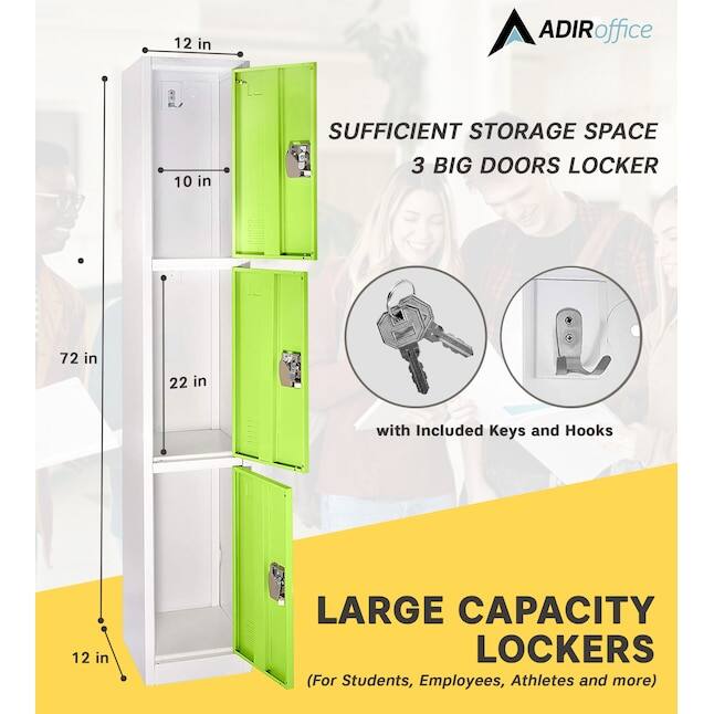 ADIR office, SUFFICIENT STORAGE SPACE, 3 BIG DOORS LOCKER, 72 in, 22 in, with Included Keys and Hooks, LARGE CAPACITY LOCKERS (For Students, Employees, Athletes and more), 12 in, 12 in