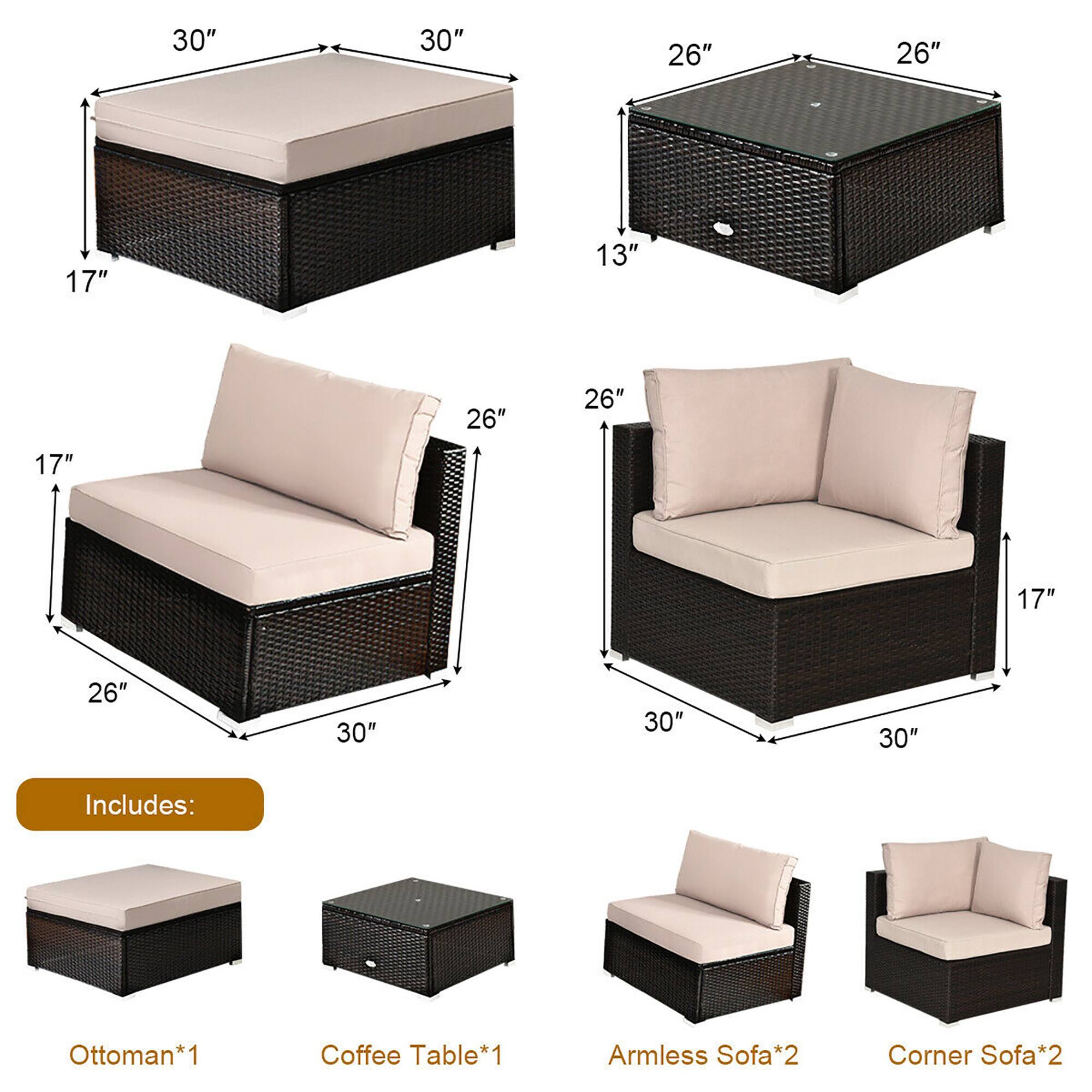 30" 30" 26" 26" 17" 13" 26" 26" 17" 17" 26" 30" 30" 30"

Includes:
- Ottoman*1
- Coffee Table*1
- Armless Sofa*2
- Corner Sofa*2