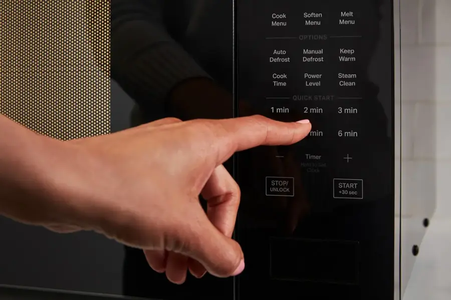 The text on the image is grouped and corrected as follows:

1. Cook Menu
2. Soften Menu
3. Melt Menu
4. OPTIONS
5. Auto Defrost
6. Manual Defrost
7. Keep Warm
8. Cook Time
9. Power Level
10. Steam Clean
11. Quick Start
12. 1 min
13. 2 min
14. 3 min
15. 4 min
16. 5 min
17. 6 min
18. Timer
19. Hold to Set Clock + START +30 sec

The corrected text is organized in a logical manner, making it easier to understand the various options and settings available on the microwave.