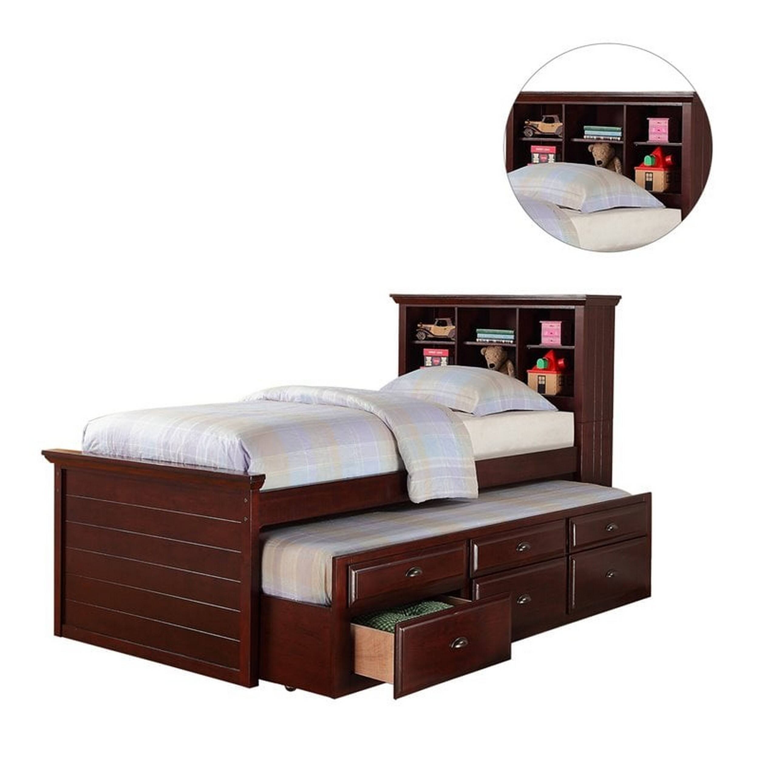 Alt View 3. Manhattan Lane - Toni Twin Size Trundle Bed with 6 Drawers, Bookcase Headboard, Brown Wood - Brown.