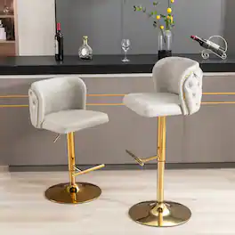 Trinkets Crazed - Swivel Barstools Set of 2, Adjusatble Seat Height with Gold-Plating Base, Classic PU Upholstered Bar Stools - Beige
