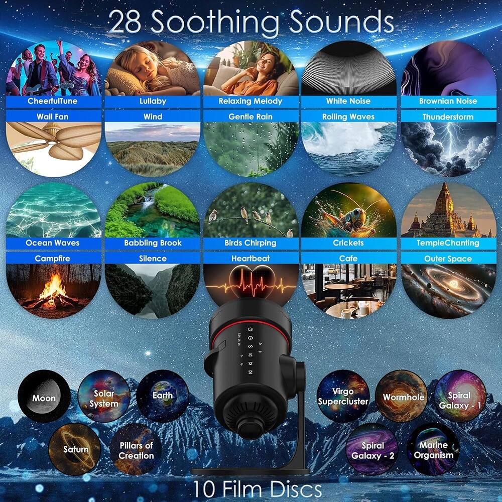 28 Soothing Sounds

- CheerfulTune
- Wall Fan
- Lullaby
- Wind
- Relaxing Melody
- Gentle Rain
- White Noise
- Rolling Waves
- Brownian Noise
- Thunderstorm
- Ocean Waves
- Babbling Brook
- Birds Chirping
- Crickets
- TempleChanting
- Campfire
- Silence
- Heartbeat
- Cafe
- Outer Space
- Moon
- Solar System
- Earth
- Virgo Supercluster
- Wormhole
- Spiral Galaxy - 1
- Saturn
- Pillars of Creation
- Spiral Galaxy - 2
- Marine Organism

10 Film Discs