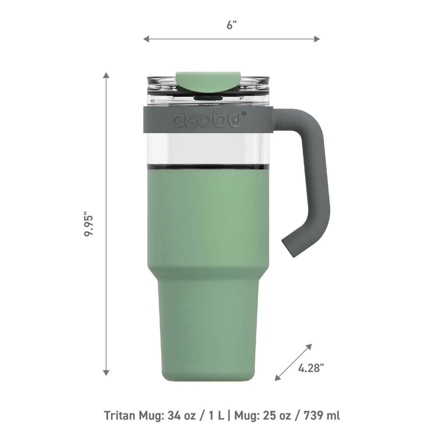 6" asobu 9.95" 4.28" Tritan Mug: 34 oz / 1 L | Mug: 25 oz / 739 ml