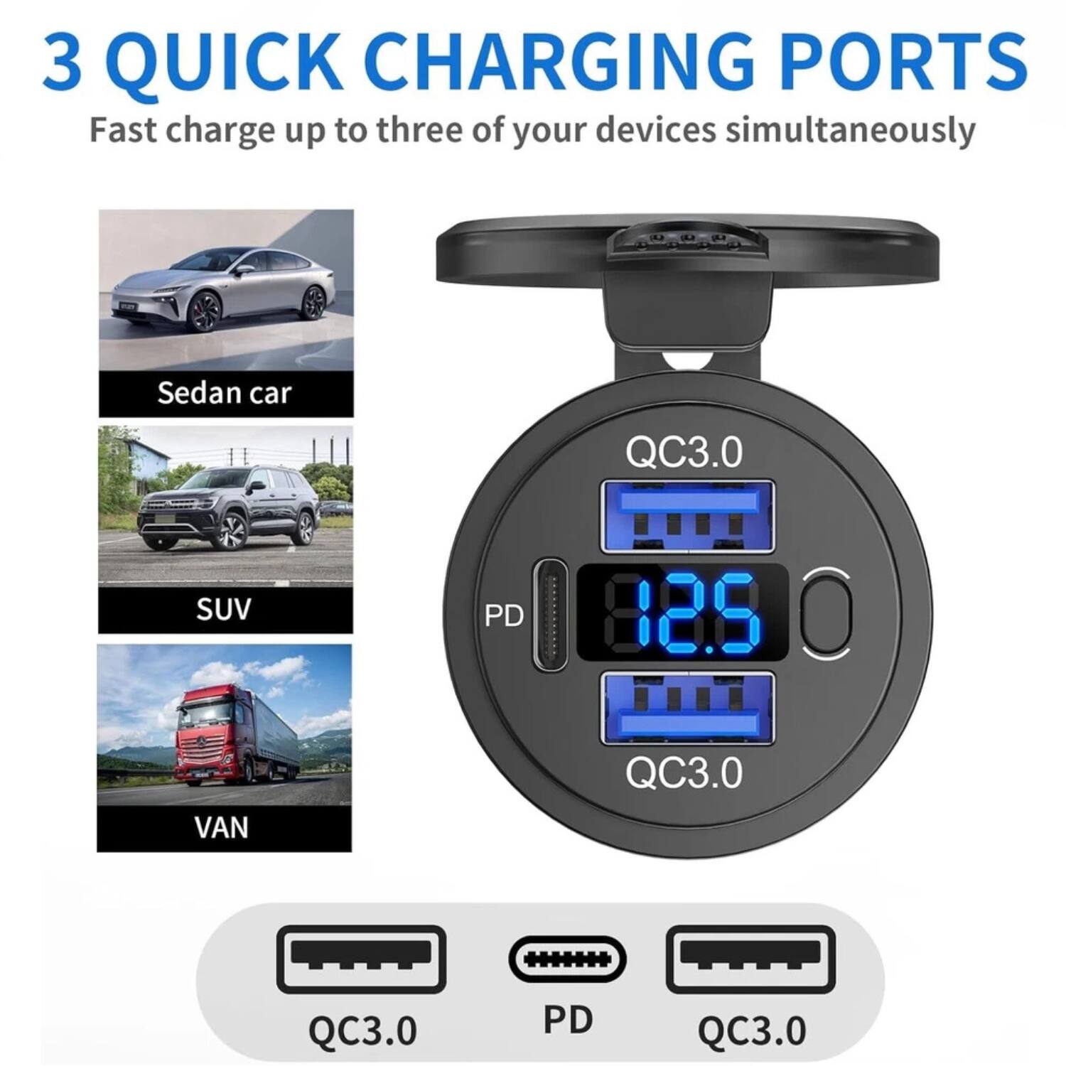 3 QUICK CHARGING PORTS  
Fast charge up to three of your devices simultaneously  

Sedan car  
SUV  
VAN  

QC3.0  
PD  
QC3.0  
QC3.0  
PD  
QC3.0