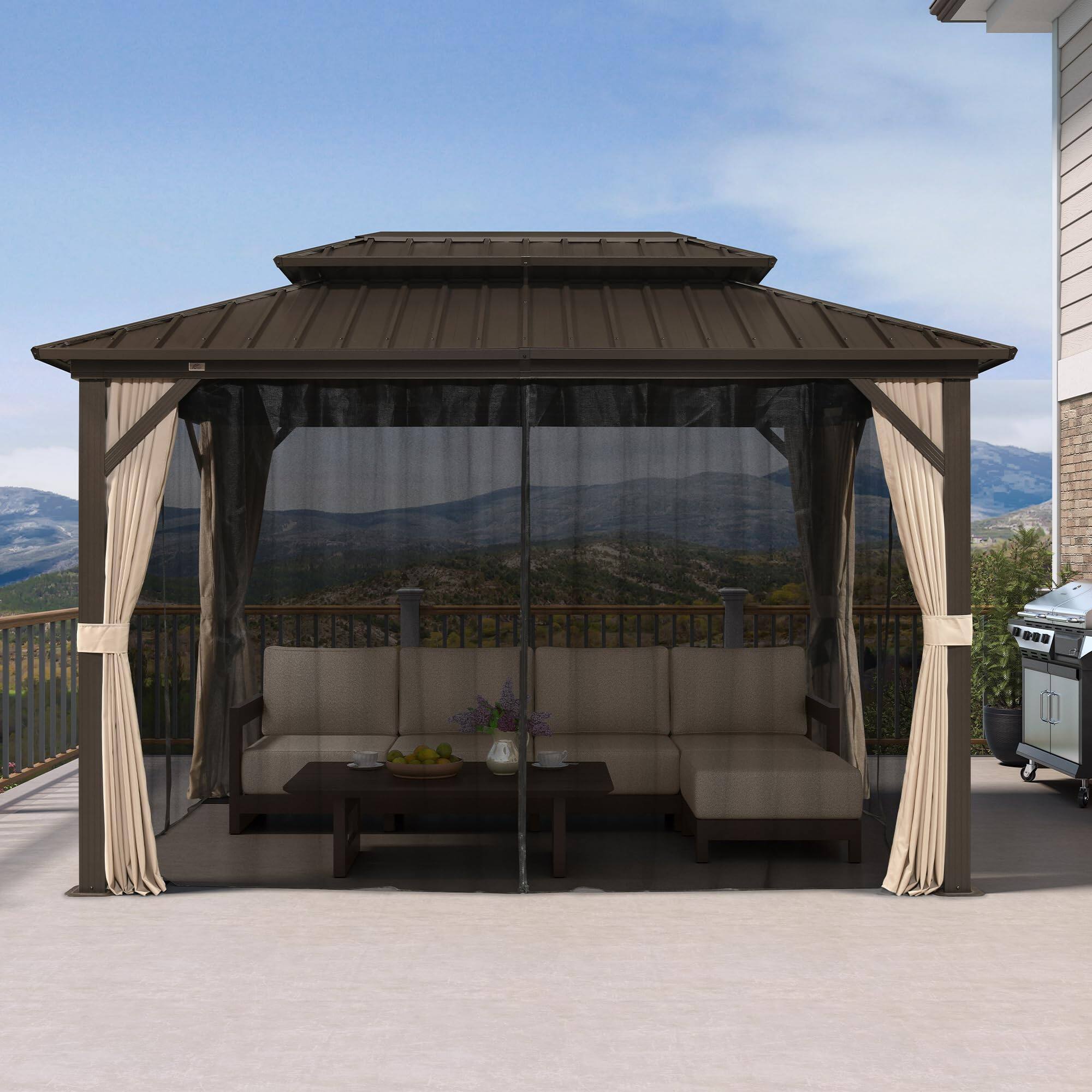 Angle. PURPLE LEAF - 8' X 12' Outdoor Hardtop Gazebo Metal Frame Galvanized Steel Double Roof with Curtains and Nettings - 8' X 12'.