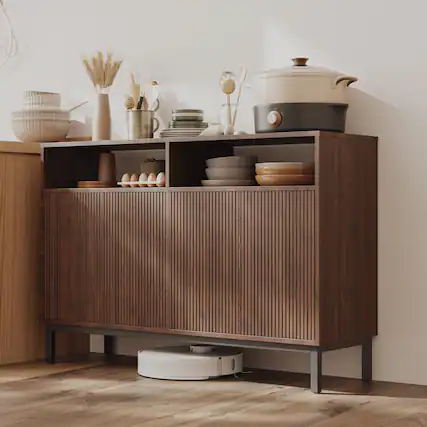 Front. Cedar Assembly - Farmhouse Buffet Sideboard Cabinet With Storage Fluted Coffee Bar Doors And Adjustable Shelves Modern Wood ... - Walnut Fluted 4 Door.