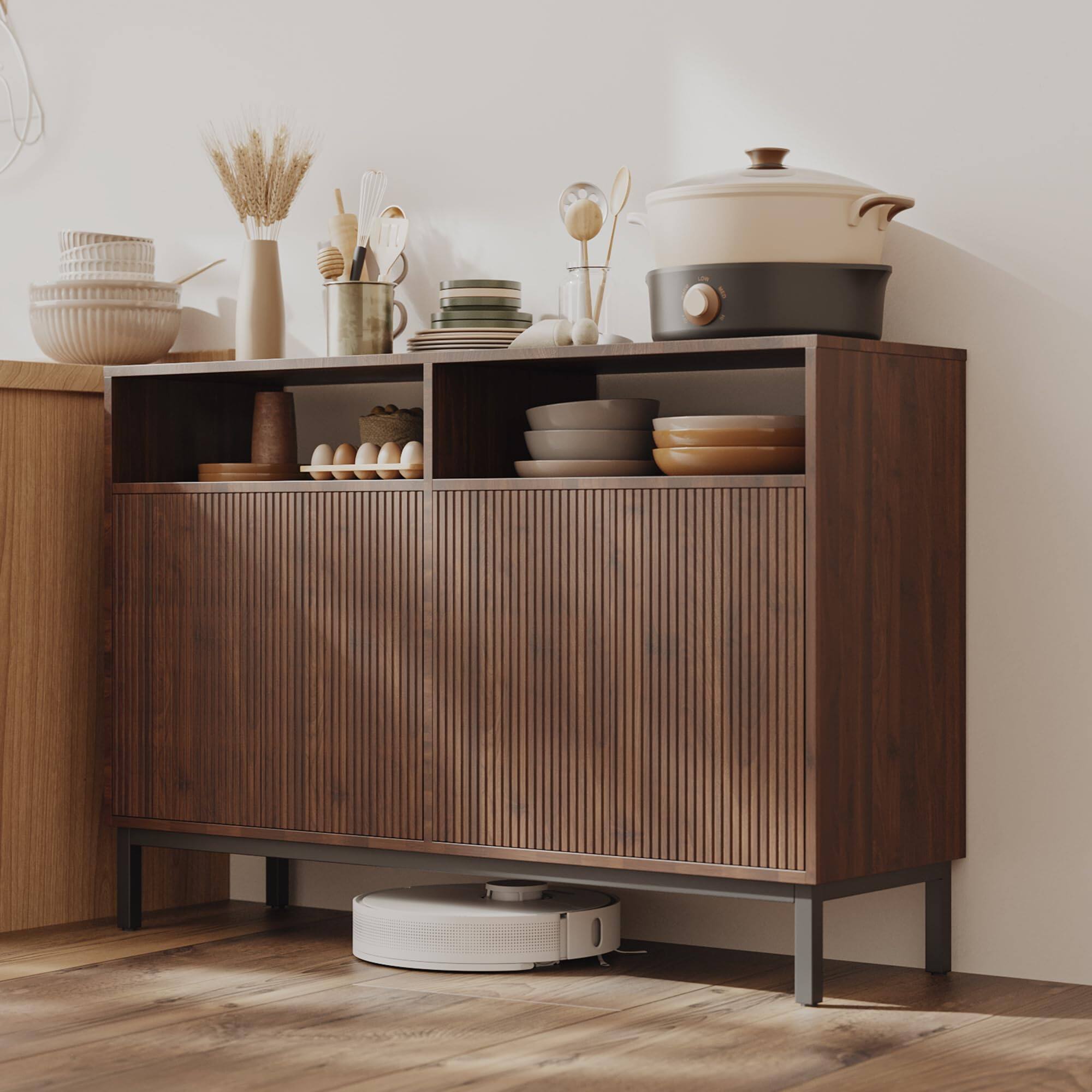 Cedar Assembly - Farmhouse Buffet Sideboard Cabinet With Storage Fluted Coffee Bar Doors And Adjustable Shelves Modern Wood - Walnut Fluted 4 Door