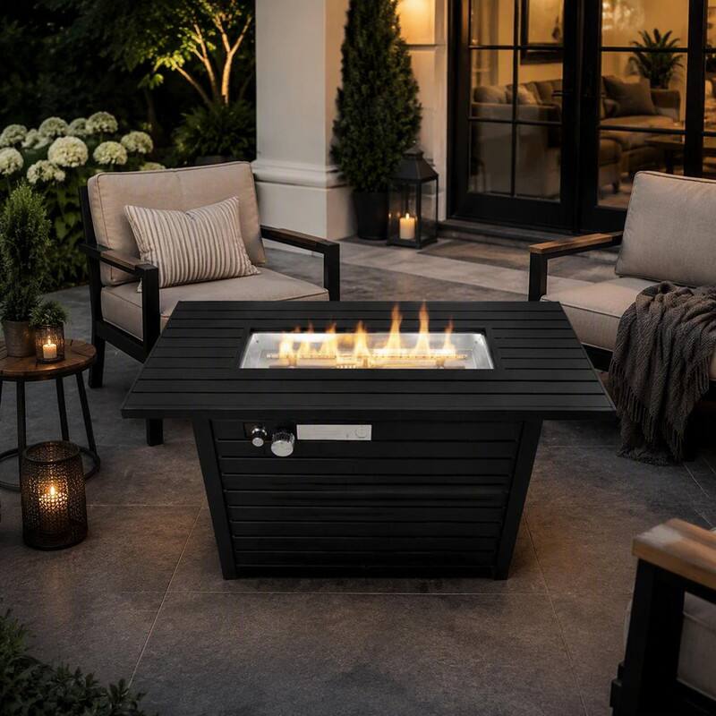 Alt View 1. RYHNUYNE - Black Steel Rectangular Outdoor Fire Pit Table with Lid - 42"W x 20" H Fire Table for Patio Backyard - Black.