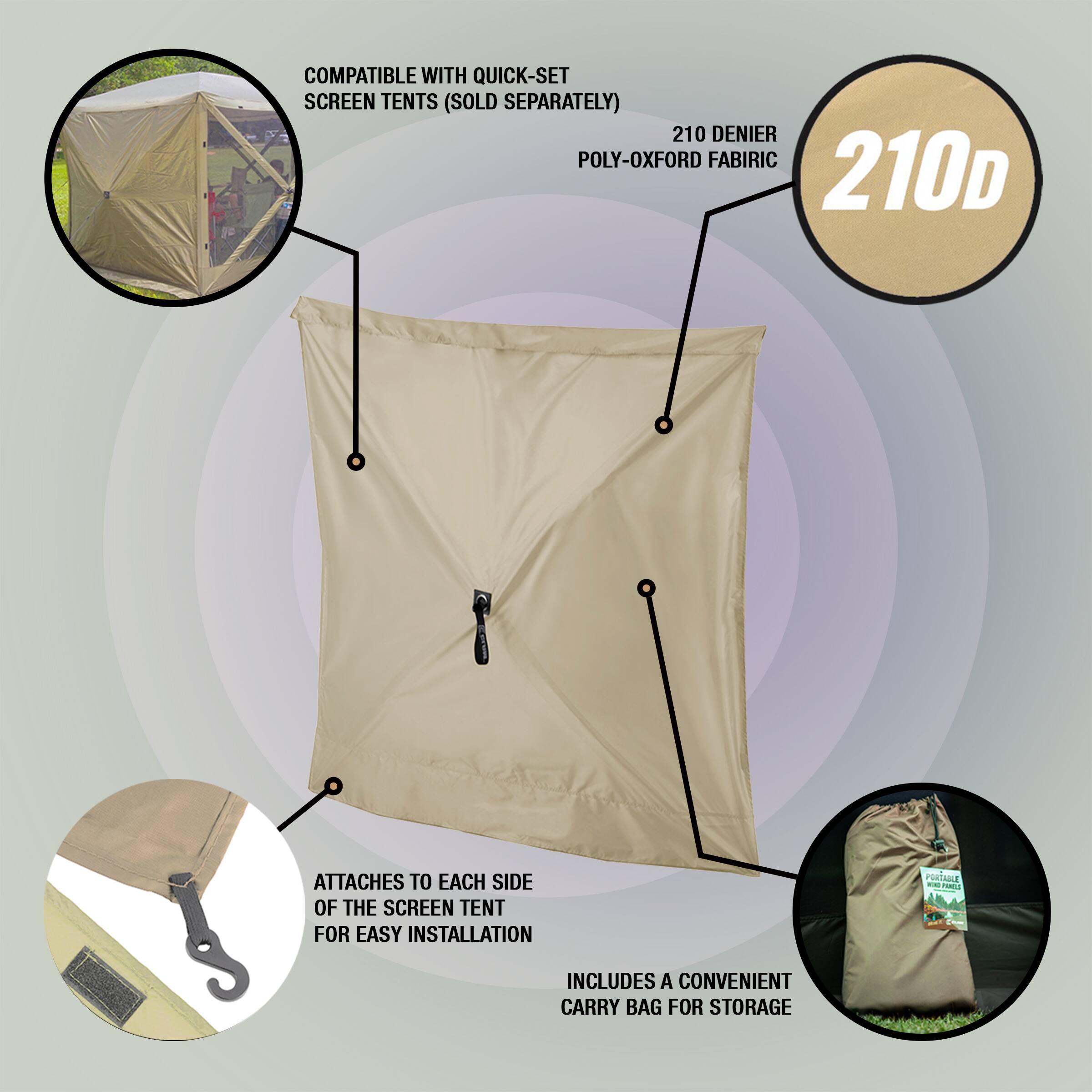 - COMPATIBLE WITH QUICK-SET SCREEN TENTS (SOLD SEPARATELY)
- 210 DENIER POLY-OXFORD FABRIC
- ATTACHES TO EACH SIDE OF THE SCREEN TENT FOR EASY INSTALLATION
- INCLUDES A CONVENIENT CARRY BAG FOR STORAGE