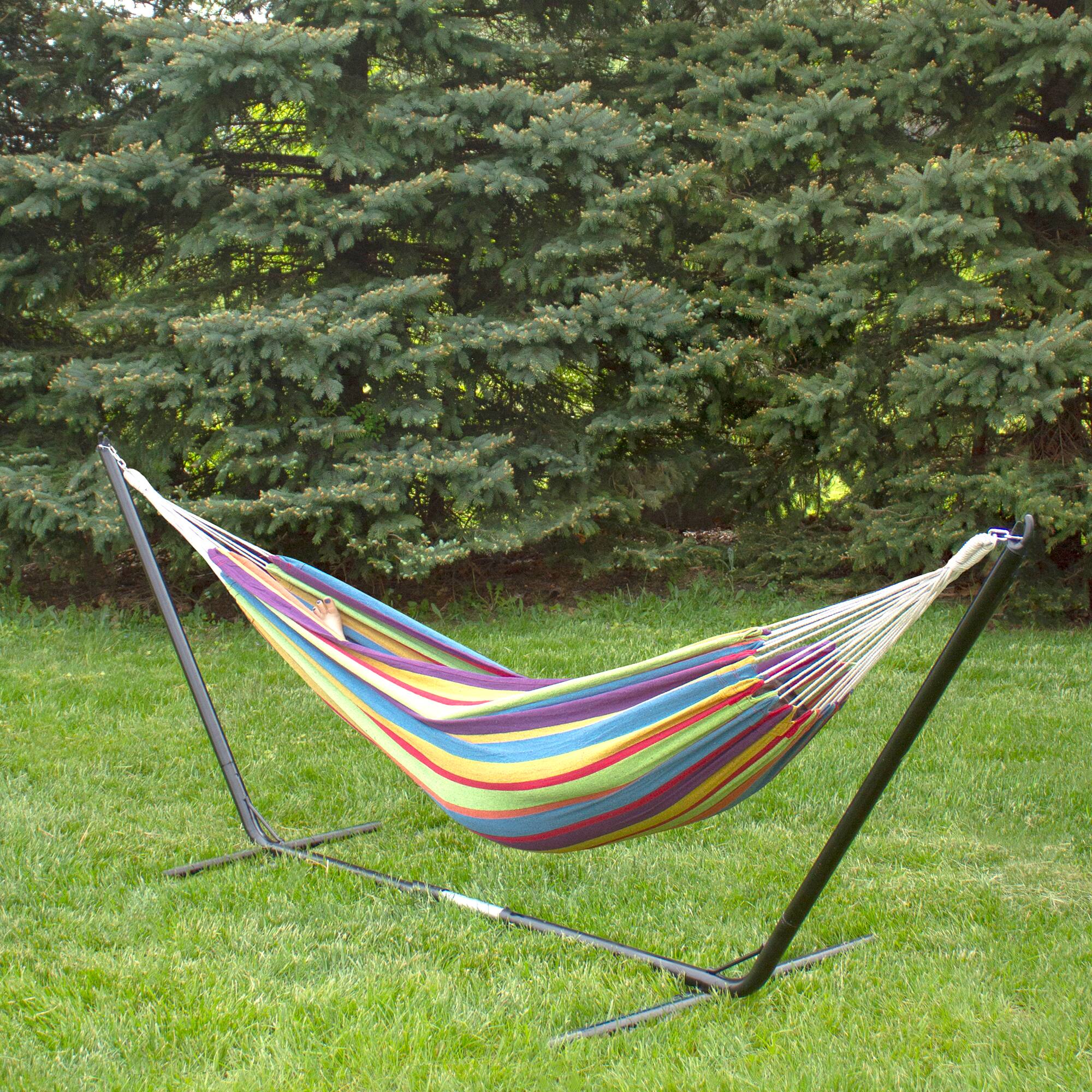 Alt View 2. Northlight - Striped Woven Two Person Brazilian Cotton Double Hammock - 72" x 57" - Multi-Color - Yellow.