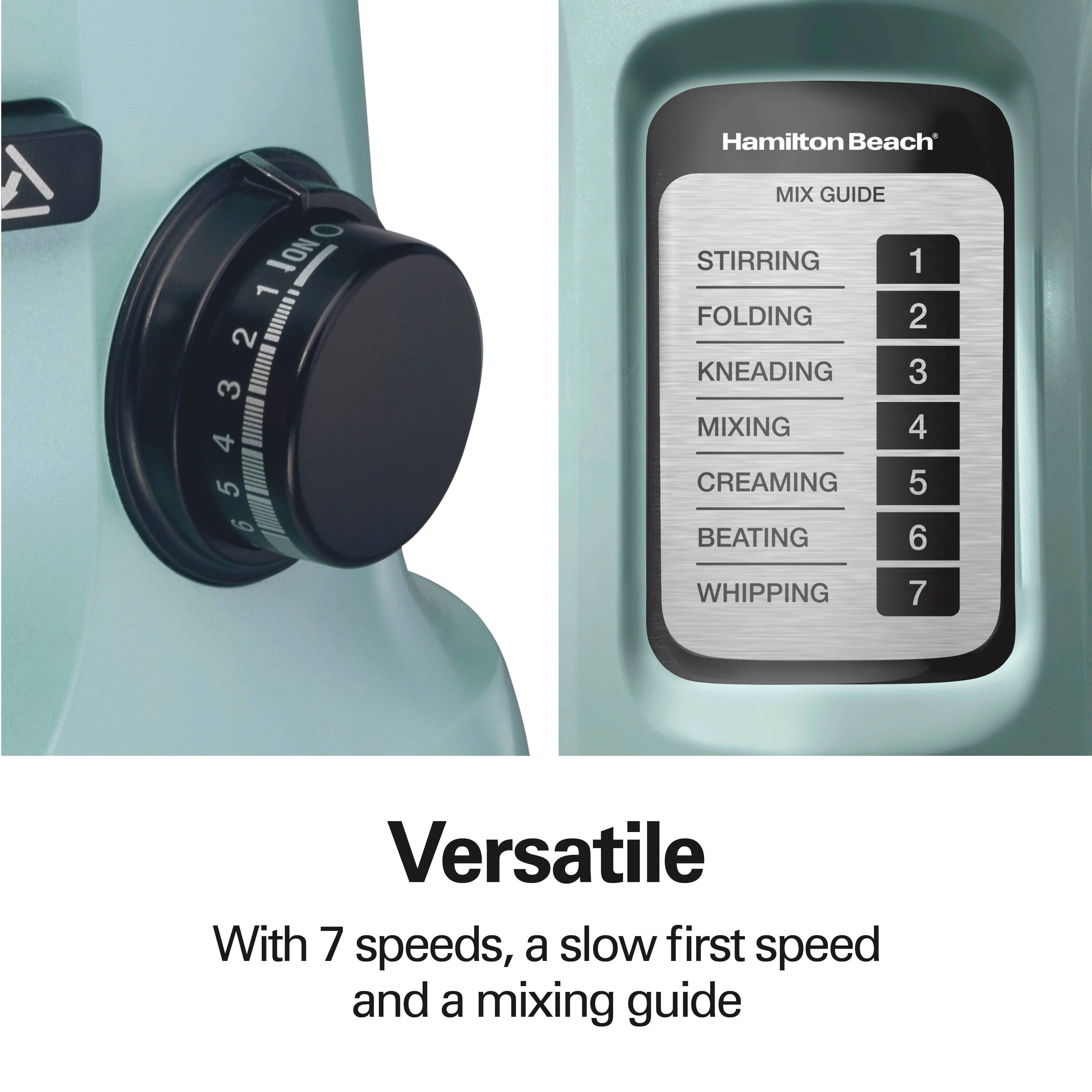 Hamilton Beach  
MIX GUIDE  
STIRRING 1  
FOLDING 2  
KNEADING 3  
MIXING 4  
CREAMING 5  
BEATING 6  
WHIPPING 7  

Versatile  
With 7 speeds, a slow first speed and a mixing guide