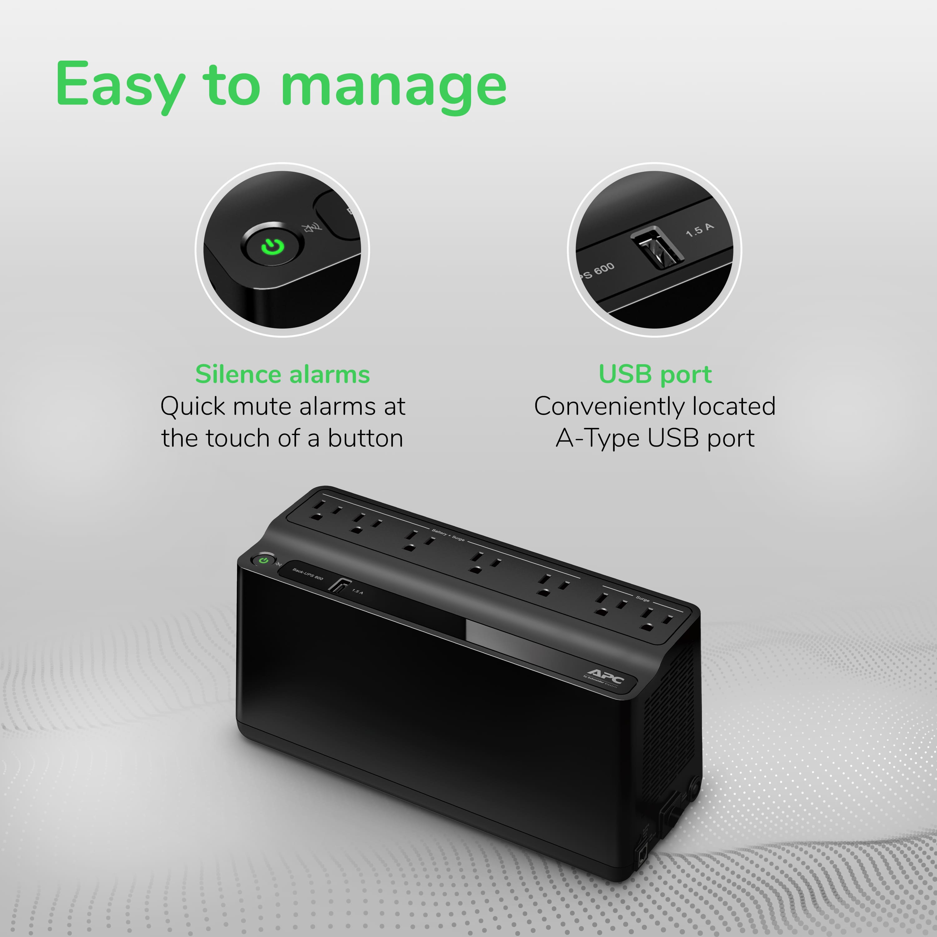 Easy to manage:
1. Silence alarms: Quick mute alarms at the touch of a button.
2. USB port: Conveniently located A-Type USB port.