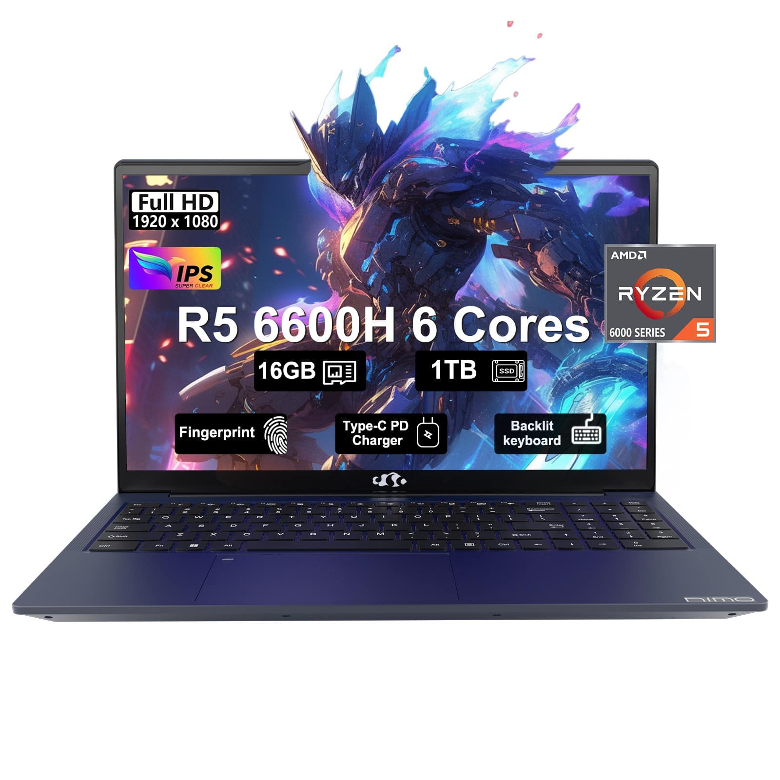 NIMO - 15.6 Gaming Laptop AMD Ryzen 5 6600H 6-Cores 16GB DDR5 RAM 1TB SSD 4.5GHz - Blue