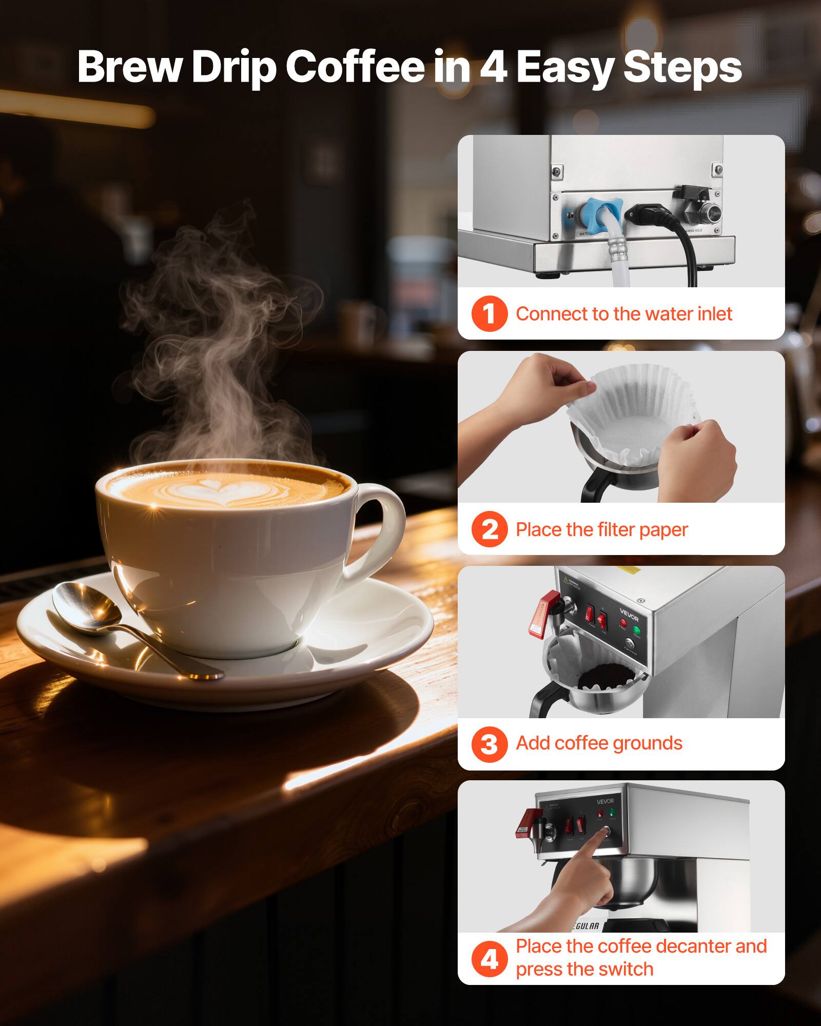 Brew Drip Coffee in 4 Easy Steps

1. Connect to the water inlet
2. Place the filter paper
3. Add coffee grounds
4. Place the coffee decanter and press the switch