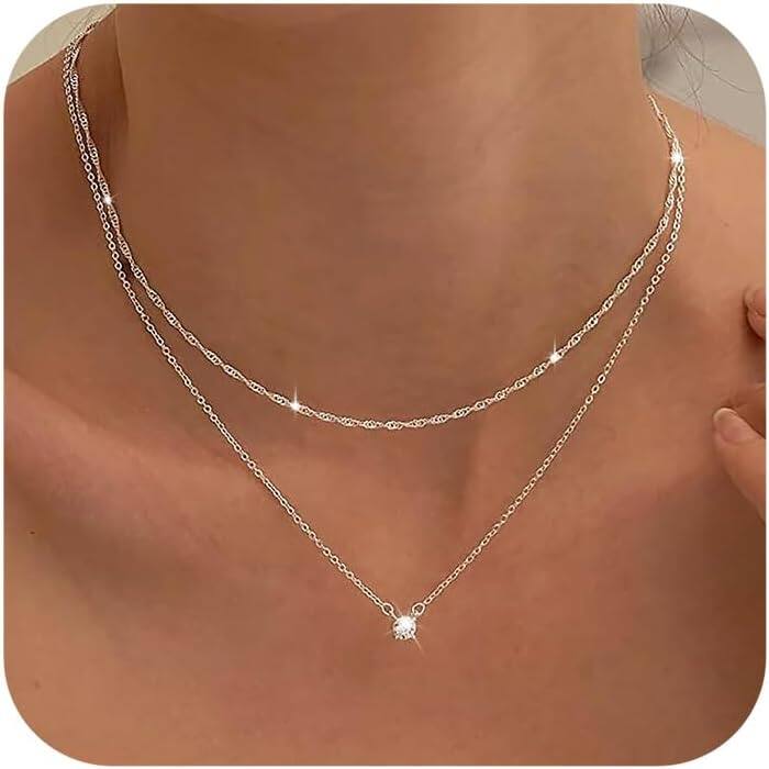 Front. Live At Space - Diamond Necklaces for Women, Dainty S925 Sterling Silver/ 14K Gold Choker Necklace Simple Silver CZ Jewelry Women Gifts - Tewiky Diamond Necklaces for Women, Dainty S925.